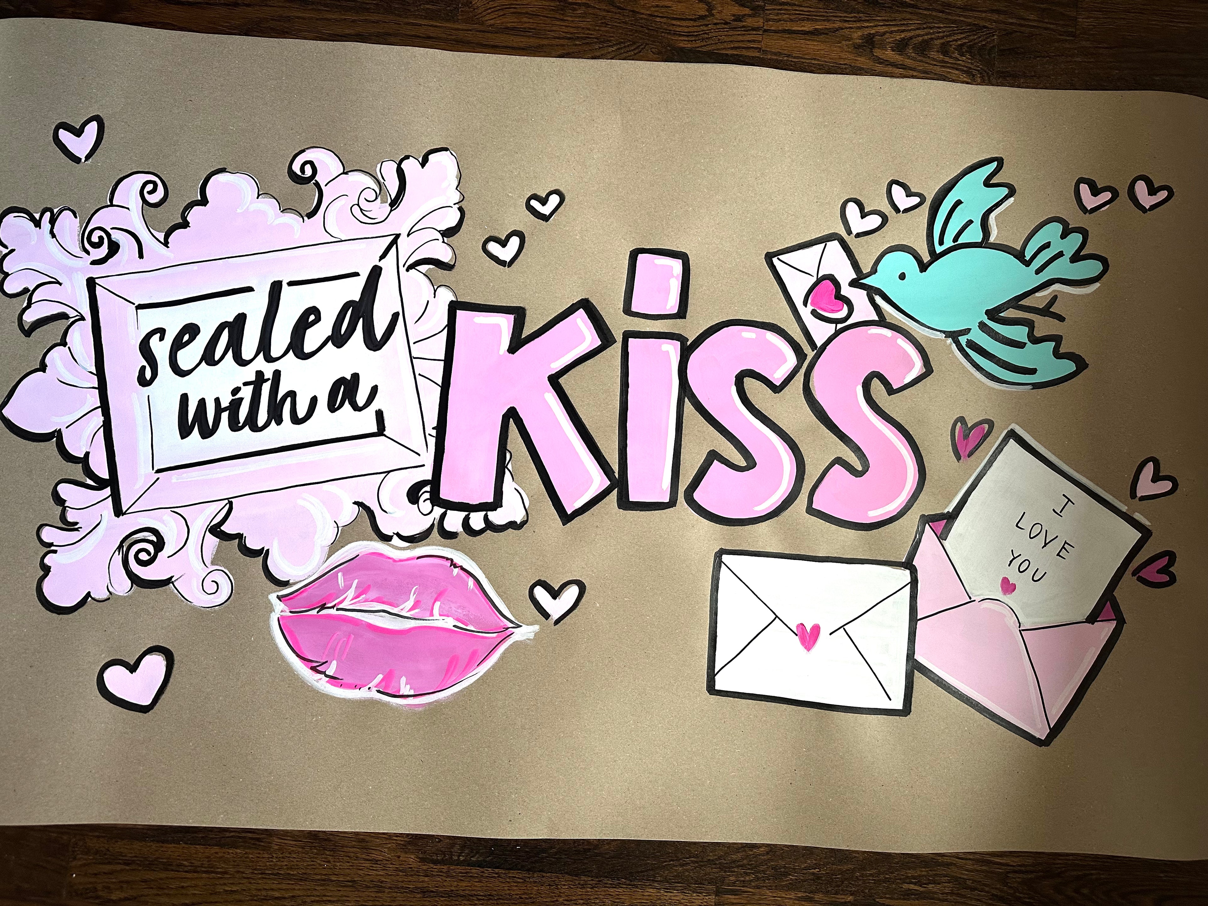 Sealed with a KISS, Valentine's party banner, pink hearts and blue bird