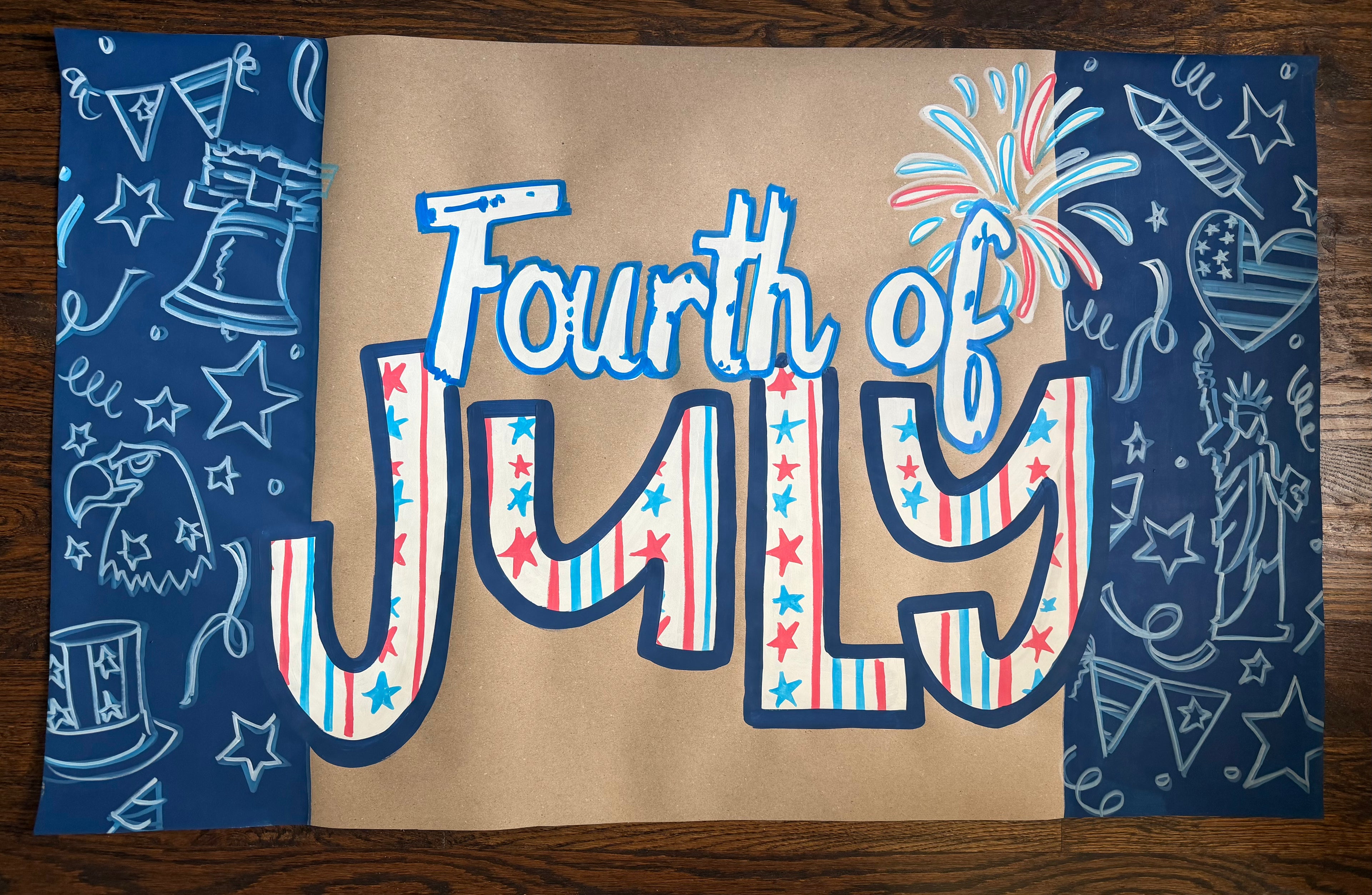 Fourth of JULY - blue doodles - Independence Day, painted banner