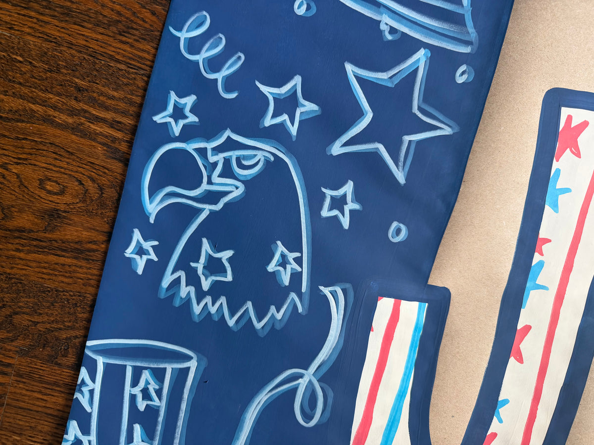 Fourth of JULY - blue doodles - Independence Day, painted banner