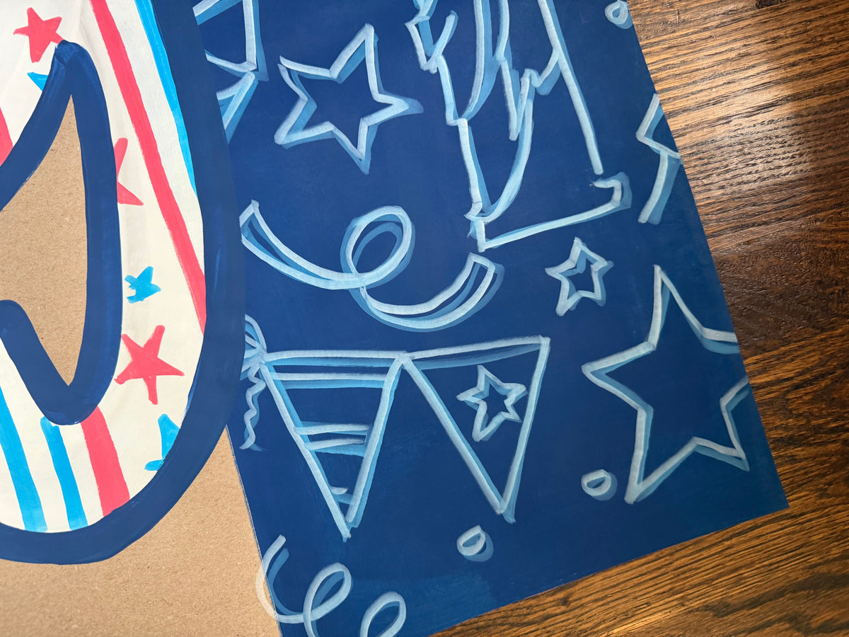 Fourth of JULY - blue doodles - Independence Day, painted banner